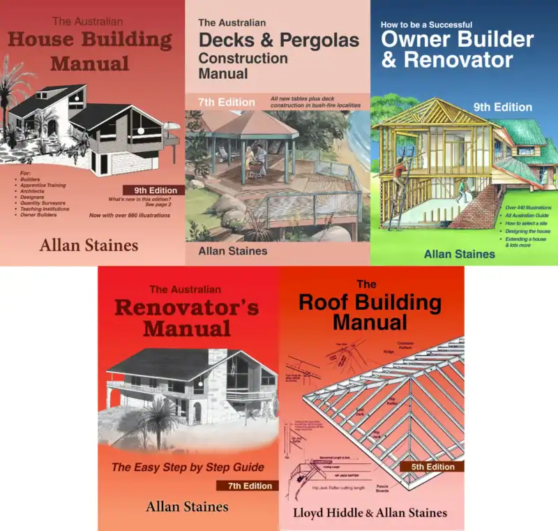 5-pack: Allan Staines Books, House Building, Owner Builder, Renovator, Decks & Pergolas, Roof Building